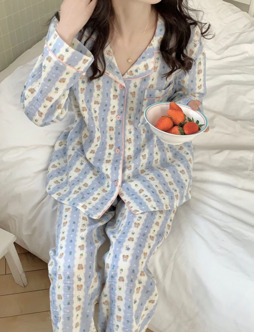Blue Striped Bear Cotton Pajamas