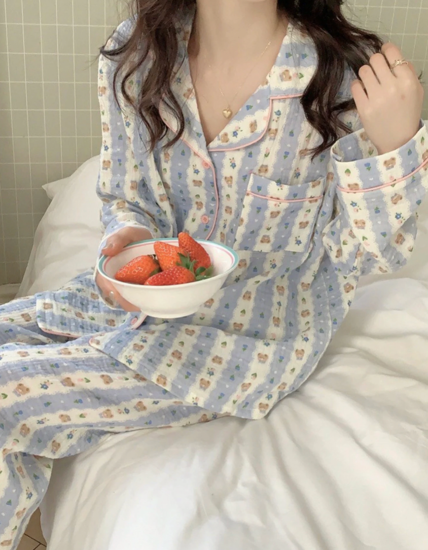 Blue Striped Bear Cotton Pajamas