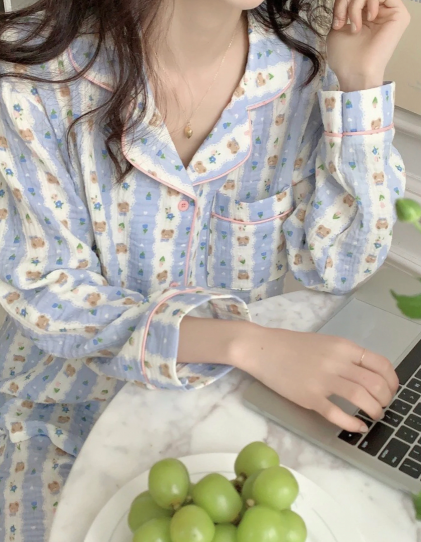 Blue Striped Bear Cotton Pajamas
