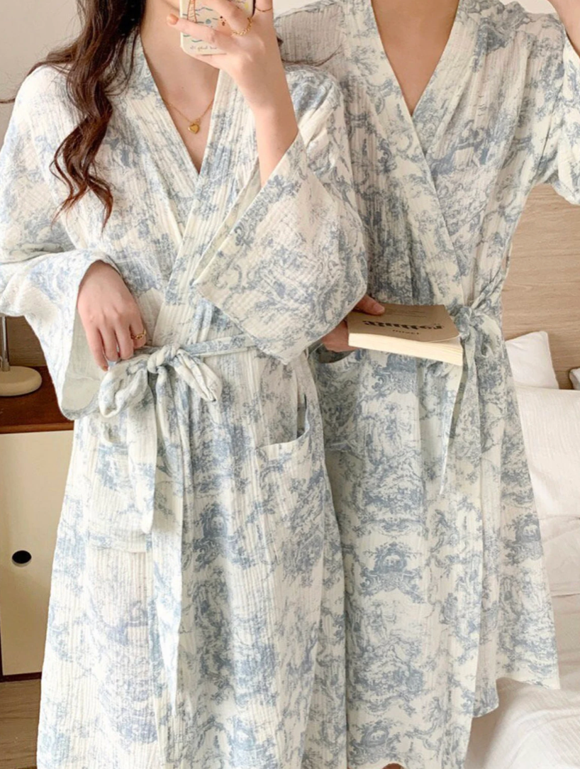 Toile De Jouy Pattern Cotton Robe