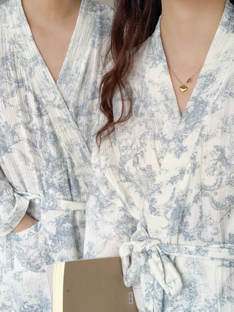 Toile De Jouy Pattern Cotton Robe