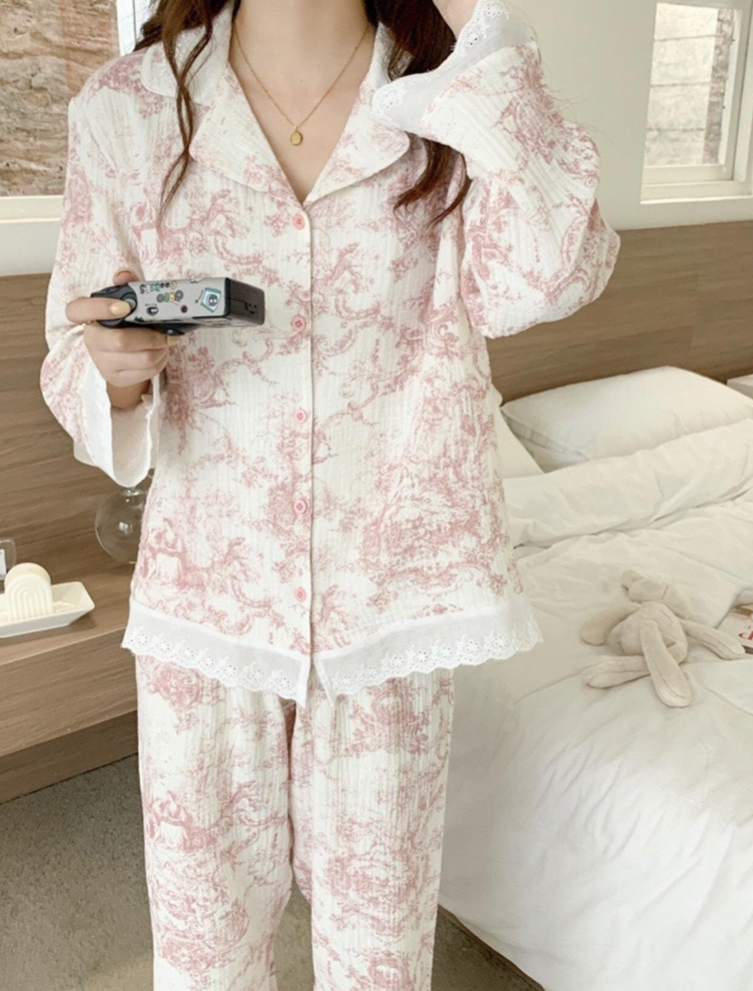 Toile De Jouy Cotton Lace Pajama Set