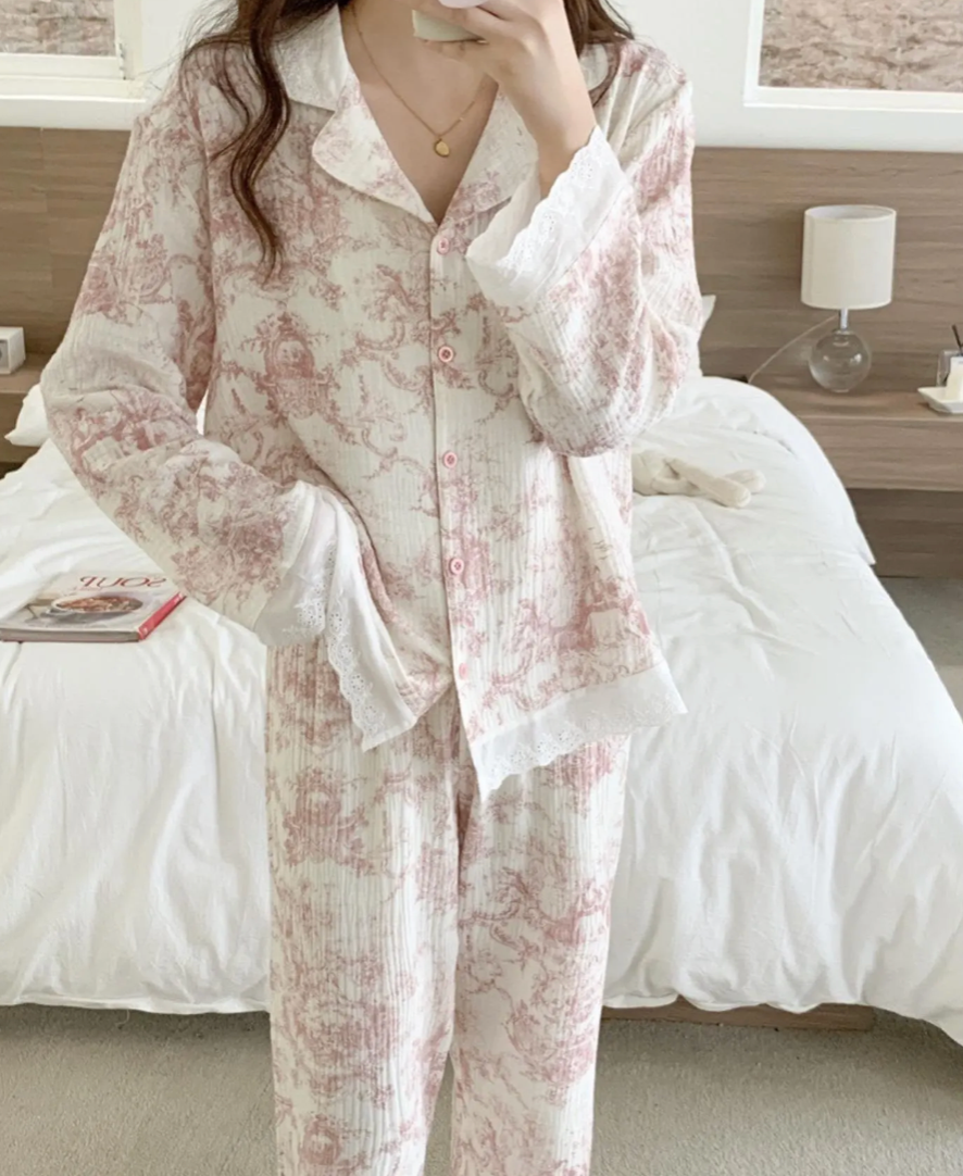 Toile De Jouy Cotton Lace Pajama Set
