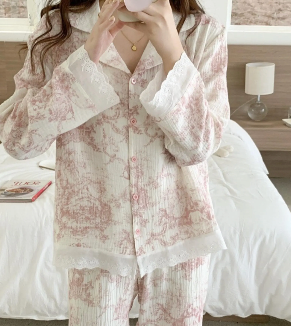 Toile De Jouy Cotton Lace Pajama Set