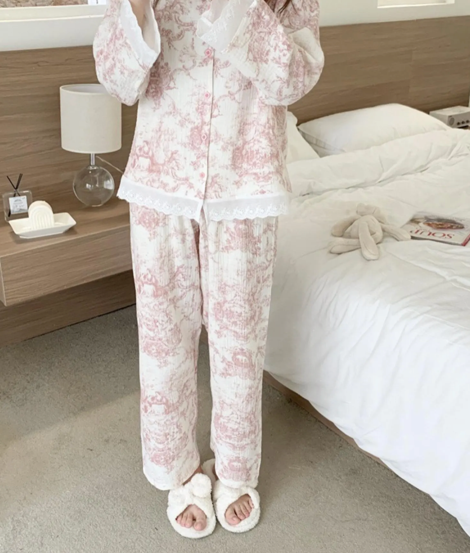 Toile De Jouy Cotton Lace Pajama Set
