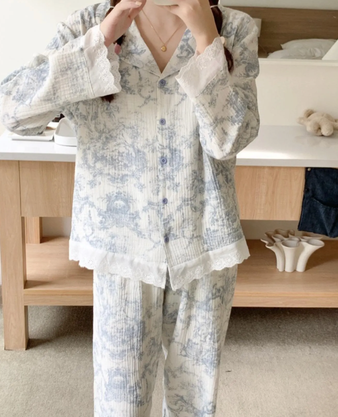 Toile De Jouy Cotton Lace Pajama Set