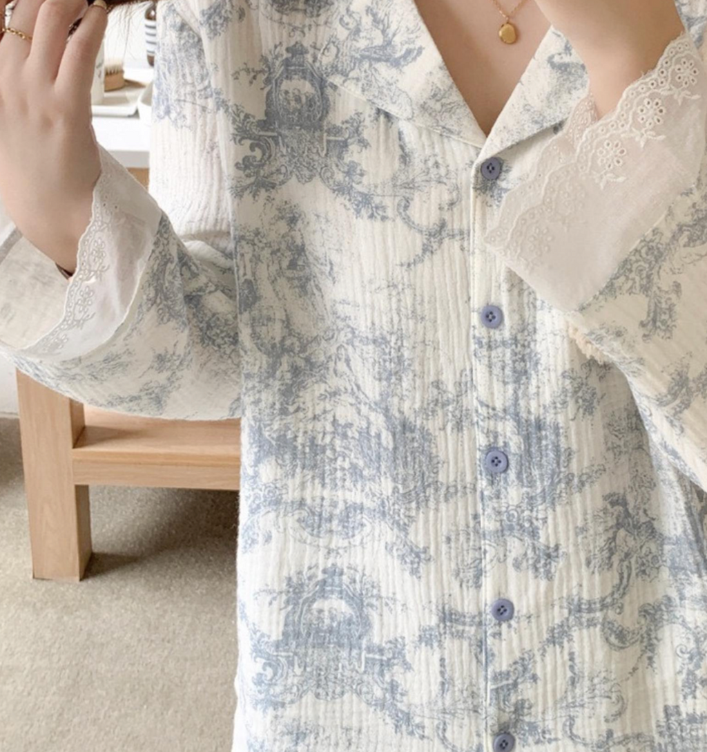 Toile De Jouy Cotton Lace Pajama Set