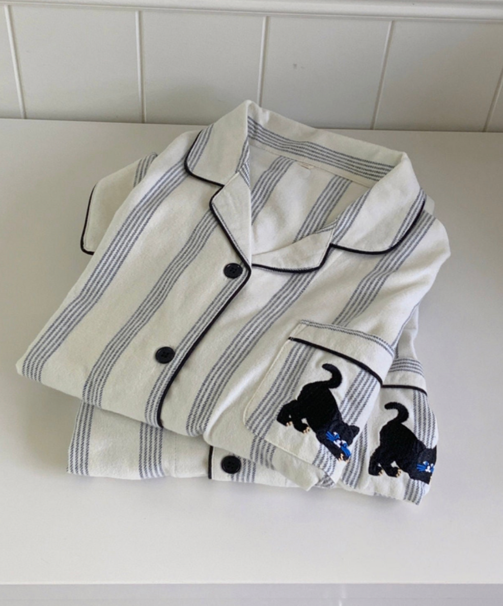 Cotton Black Cat Embroidery Pajamas