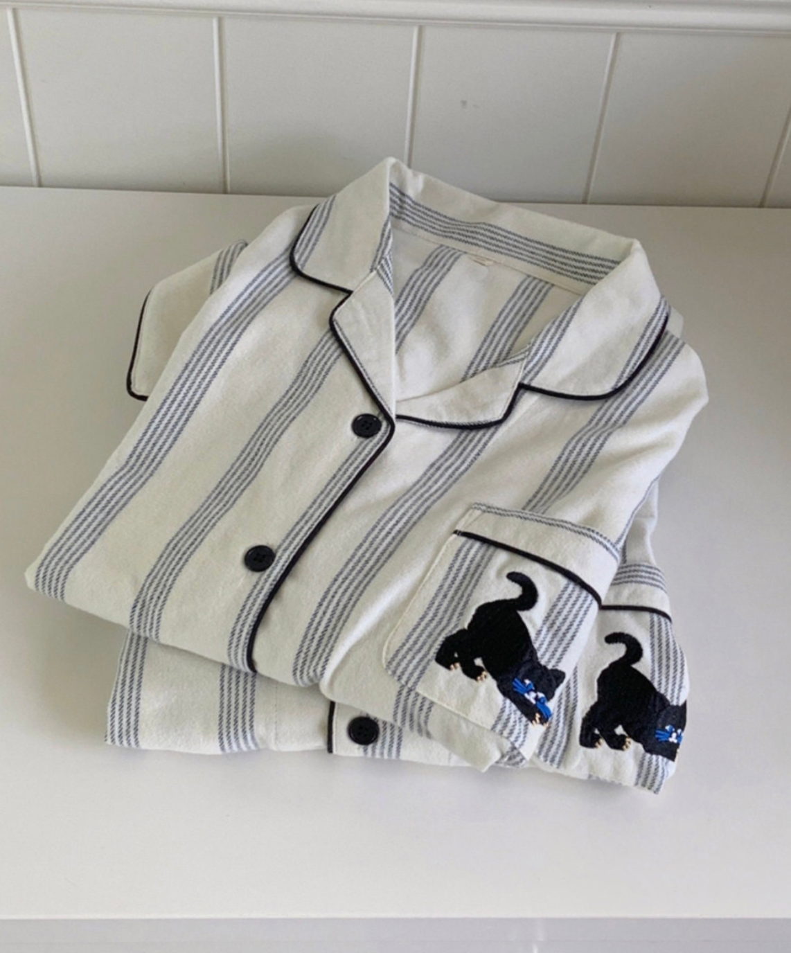 Cotton Black Cat Embroidery Pajamas