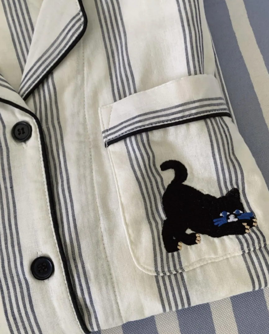 Cotton Black Cat Embroidery Pajamas