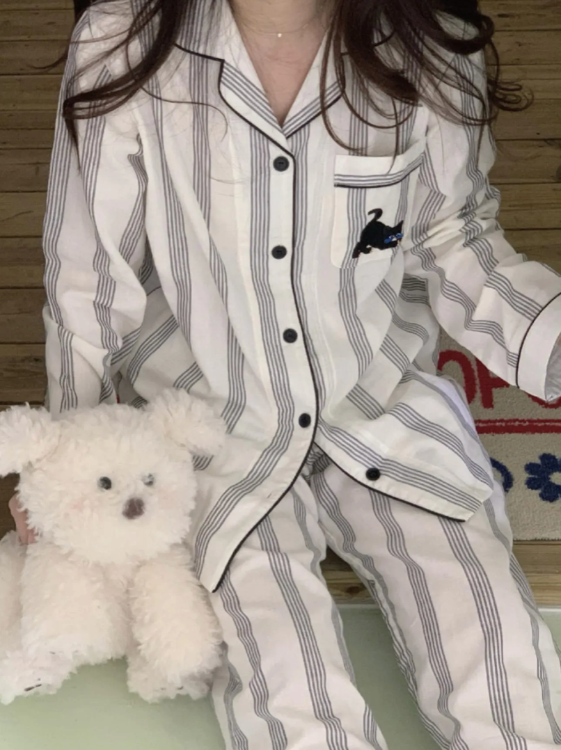 Cotton Black Cat Embroidery Pajamas