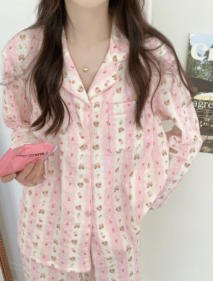 Pink Striped Bear Cotton Pajamas