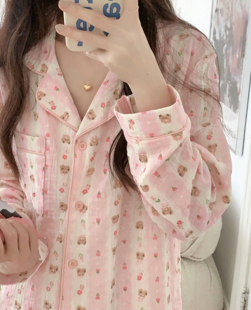 Pink Striped Bear Cotton Pajamas