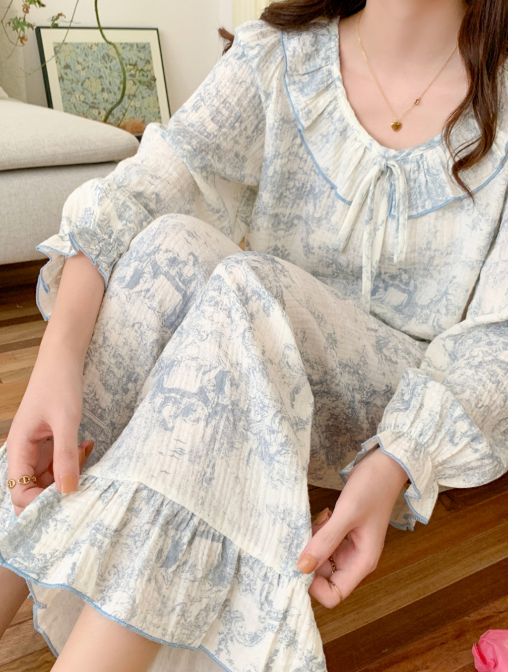 Matching Toile De Jouy Couple Pajamas Set
