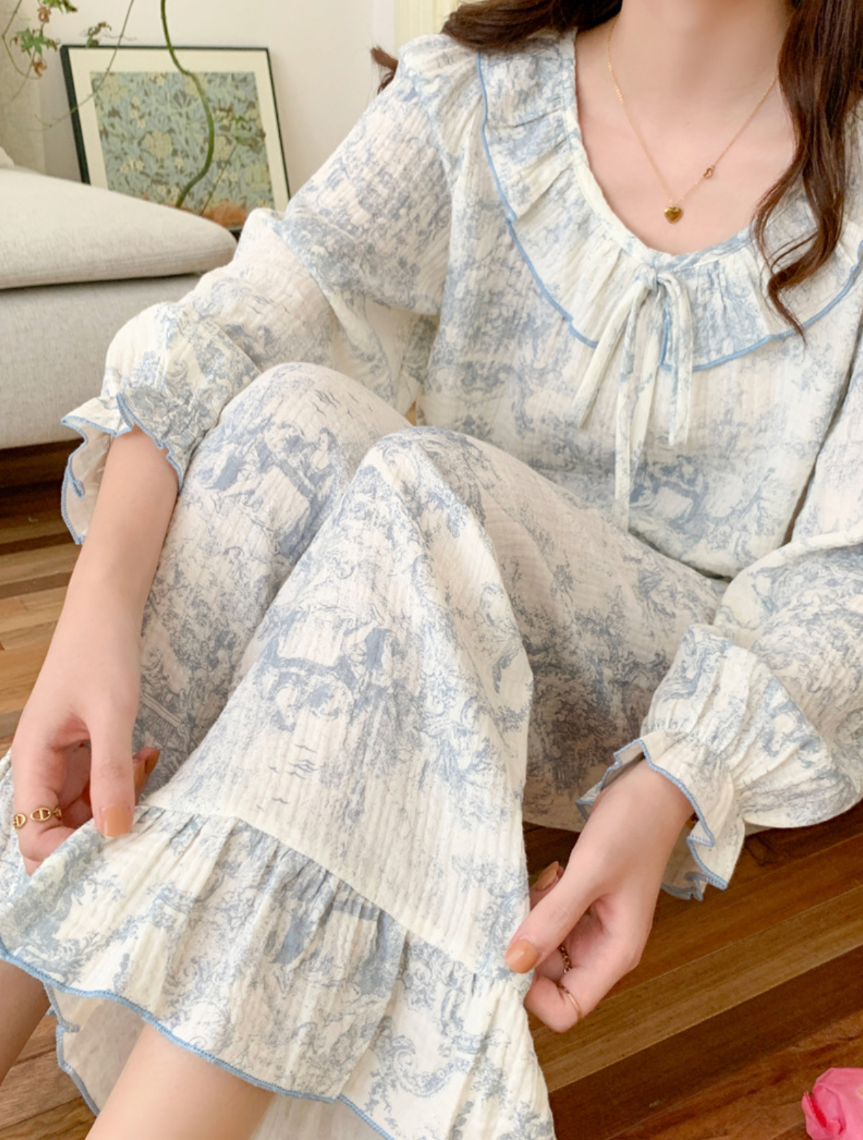 Matching Toile De Jouy Couple Pajamas Set