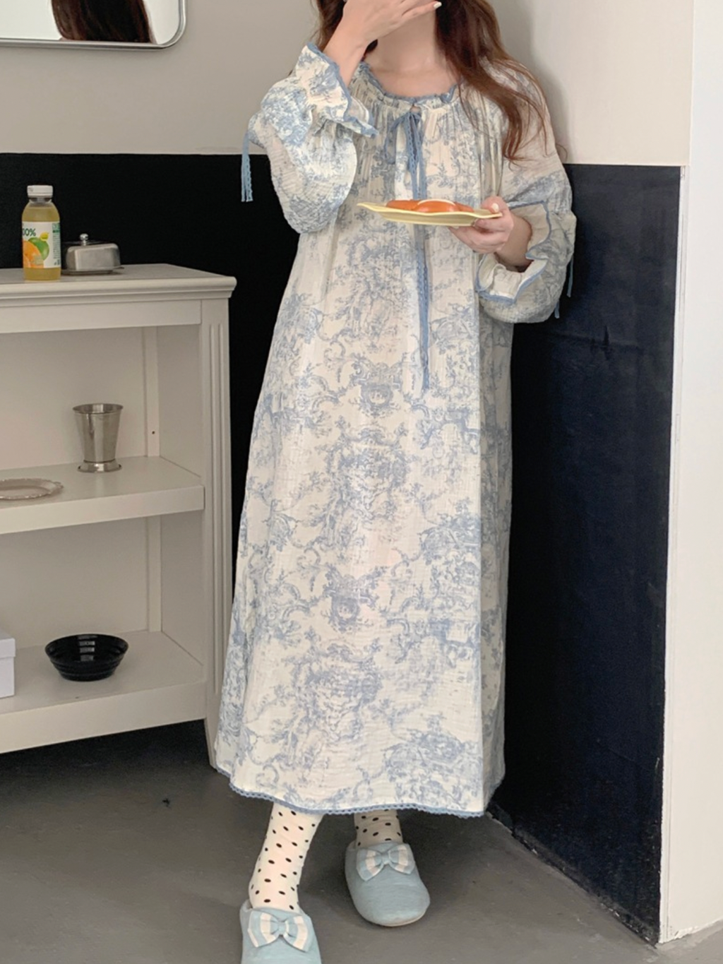 Toile De Jouy Pattern Cotton Nightgown