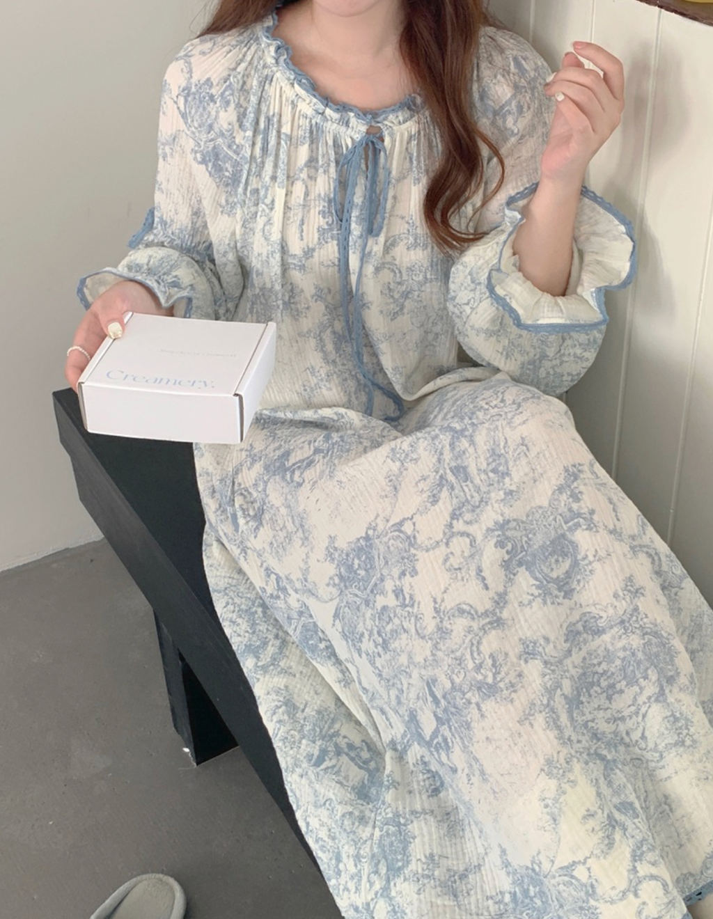 Toile De Jouy Pattern Cotton Nightgown