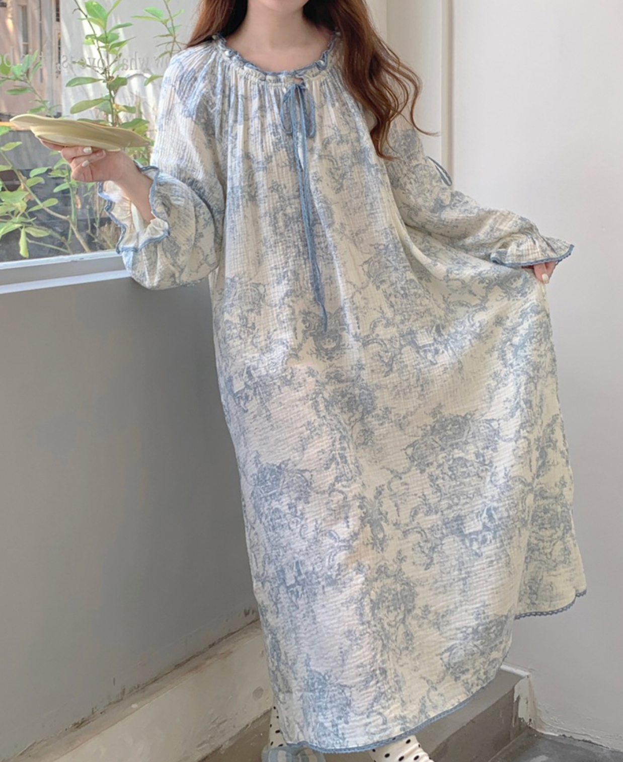 Toile De Jouy Pattern Cotton Nightgown