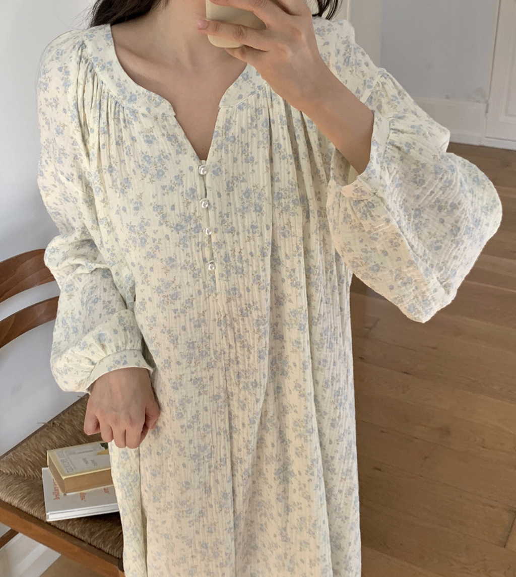 Cozy Blue Floral Muslin Pajama Set & Nightgown