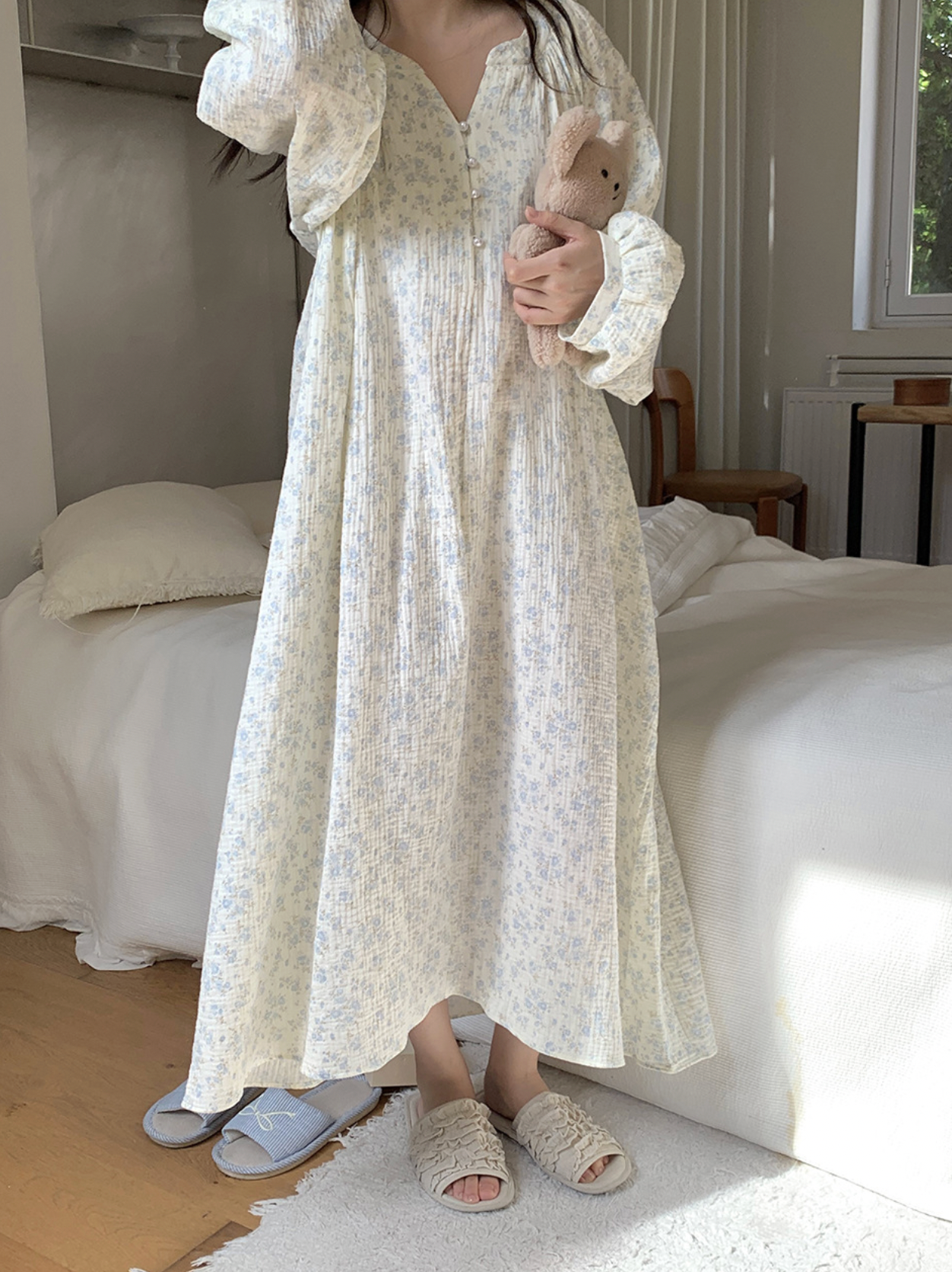 Cozy Blue Floral Muslin Pajama Set & Nightgown