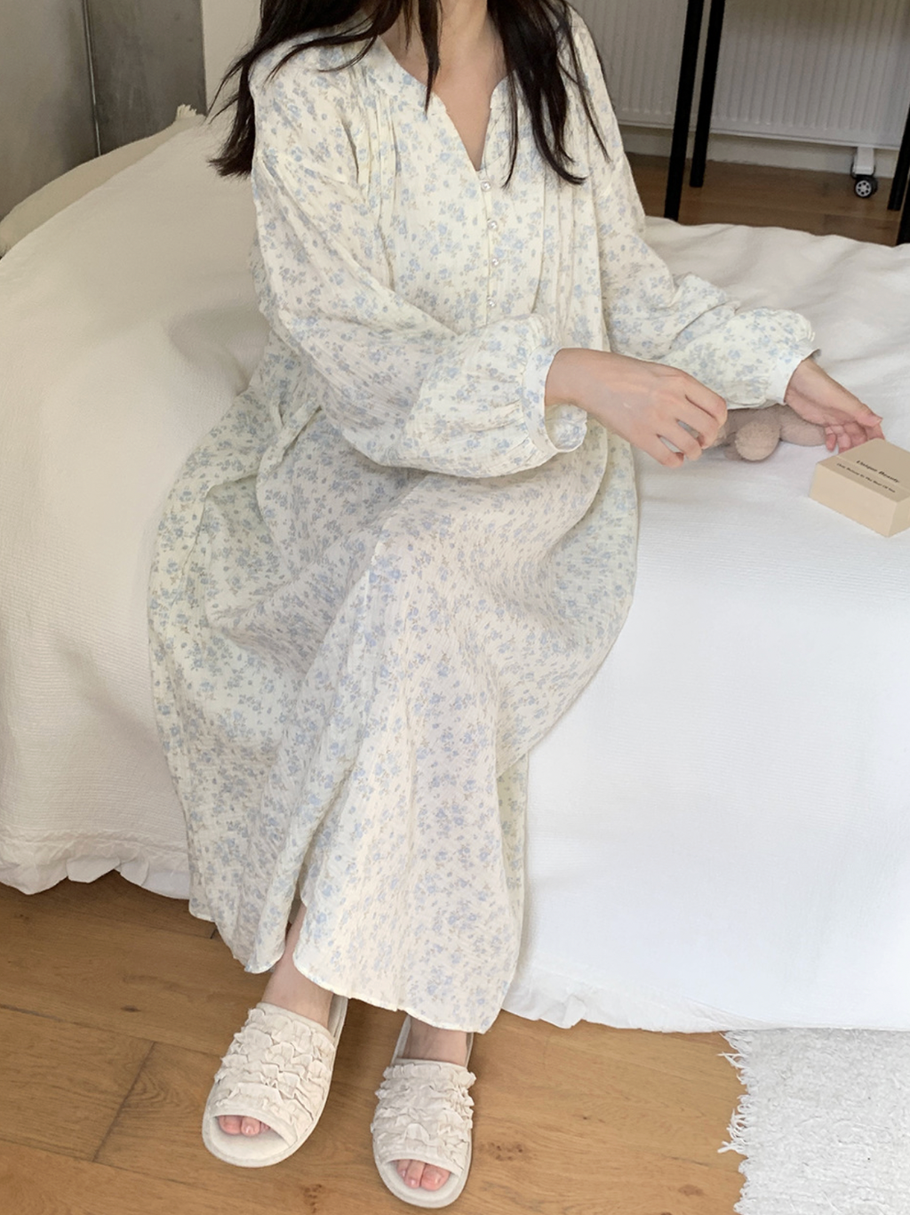 Cozy Blue Floral Muslin Pajama Set & Nightgown