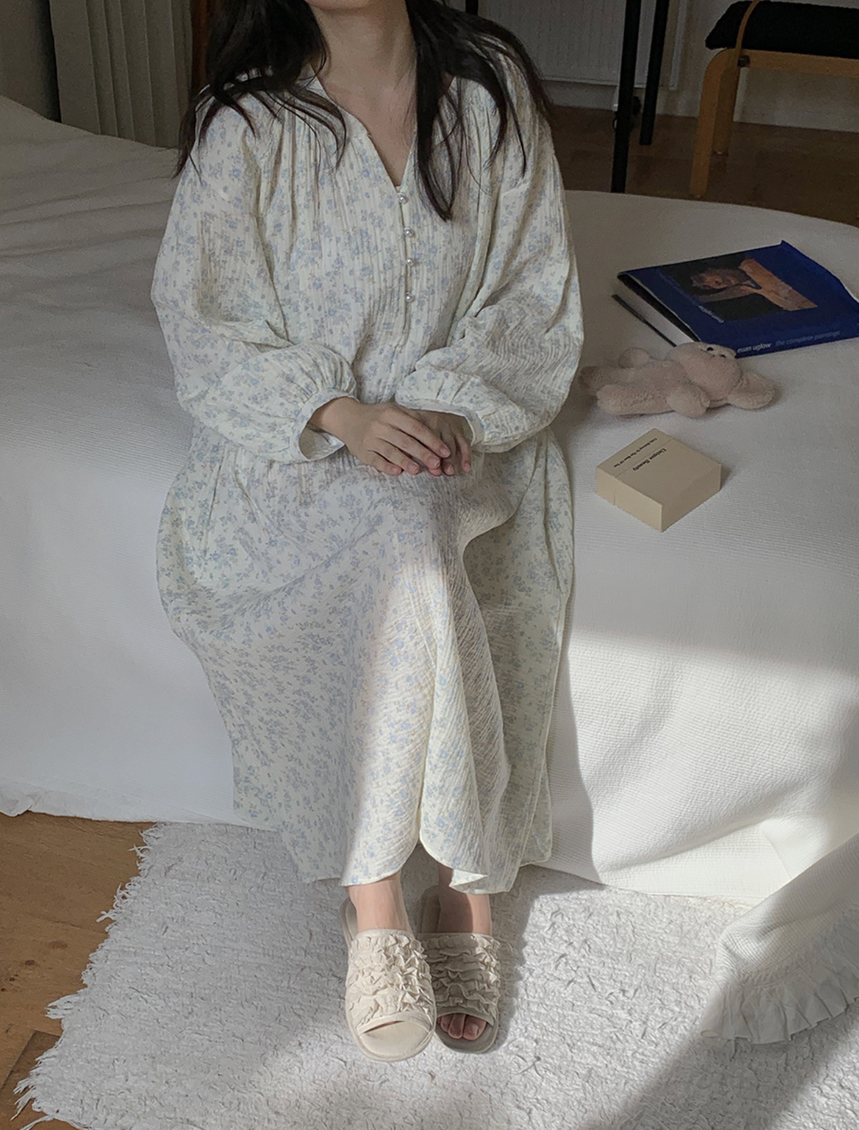 Cozy Blue Floral Muslin Pajama Set & Nightgown