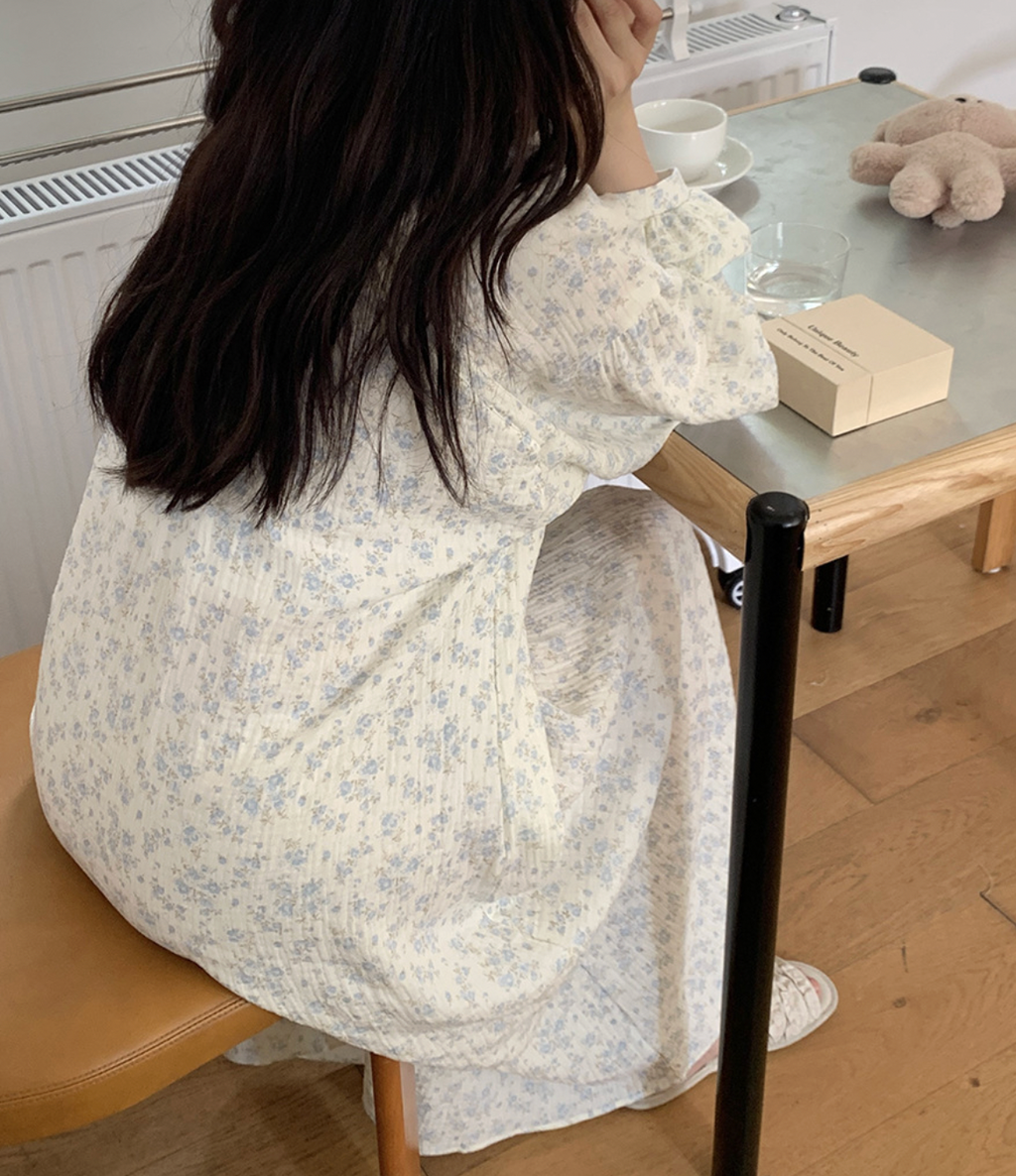 Cozy Blue Floral Muslin Pajama Set & Nightgown