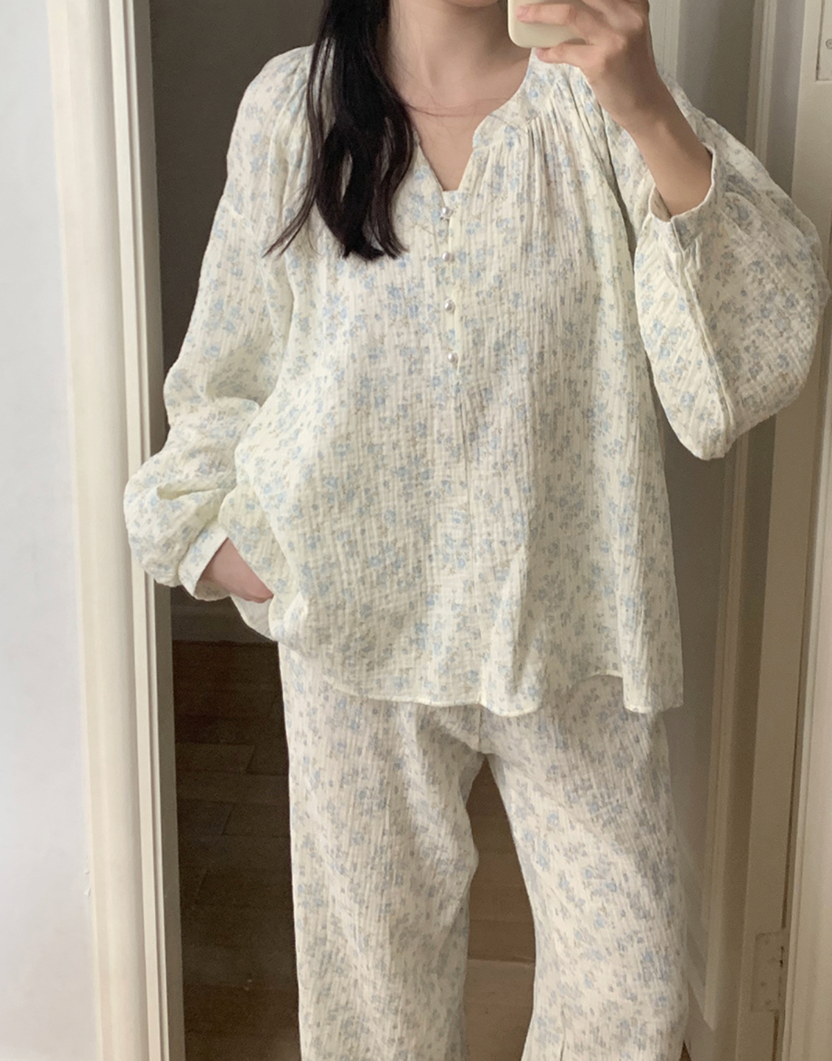 Cozy Blue Floral Muslin Pajama Set & Nightgown