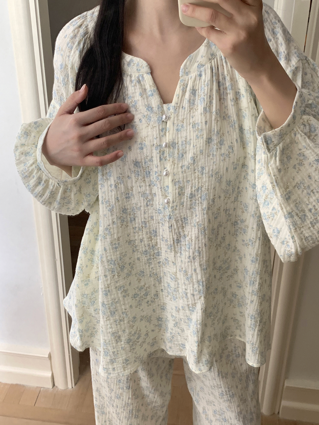 Cozy Blue Floral Muslin Pajama Set & Nightgown