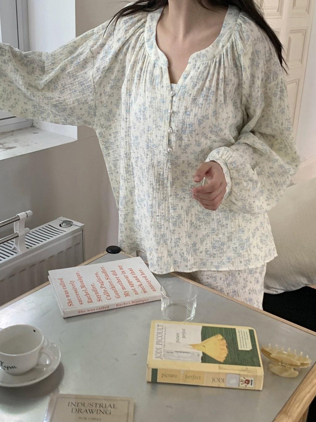 Cozy Blue Floral Muslin Pajama Set & Nightgown