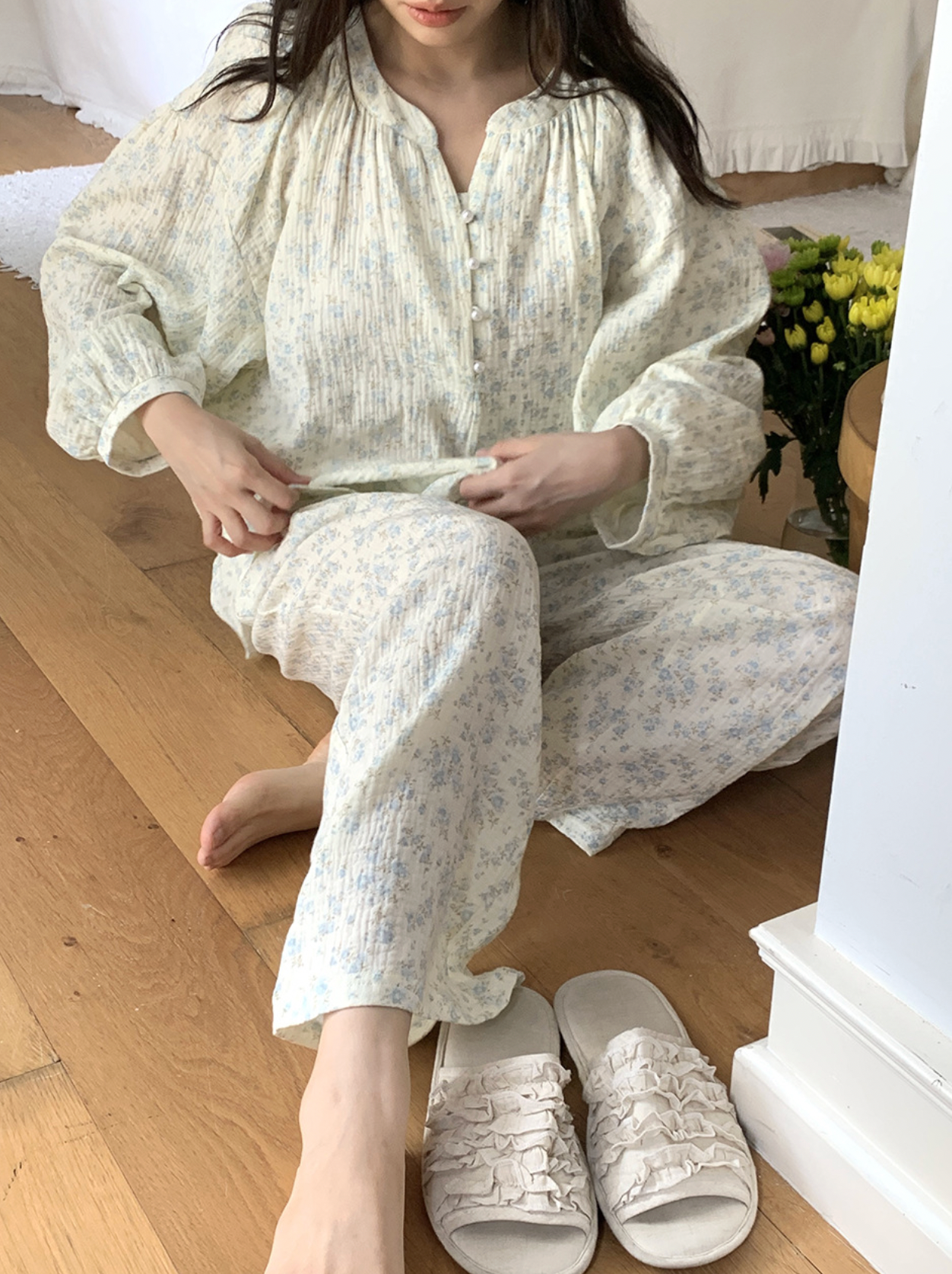 Cozy Blue Floral Muslin Pajama Set & Nightgown