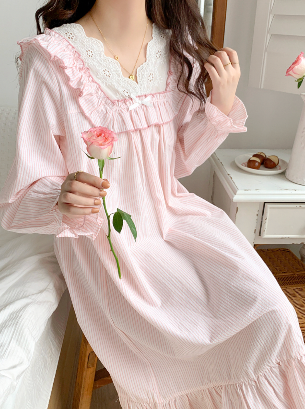 Romantic Lace Ruffle Long Nightgown