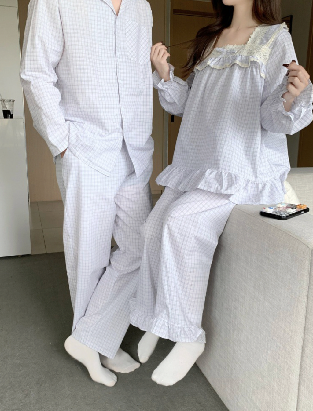 Cotton Plaid Couple Pajamas Set