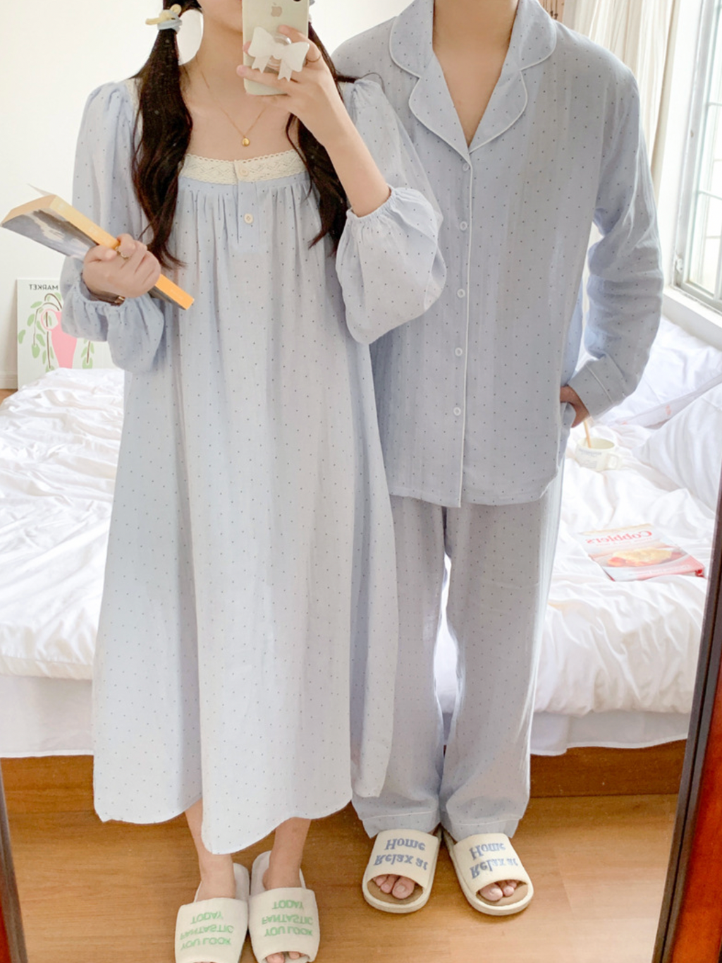 Light Blue Polka Dot Couple Pajamas