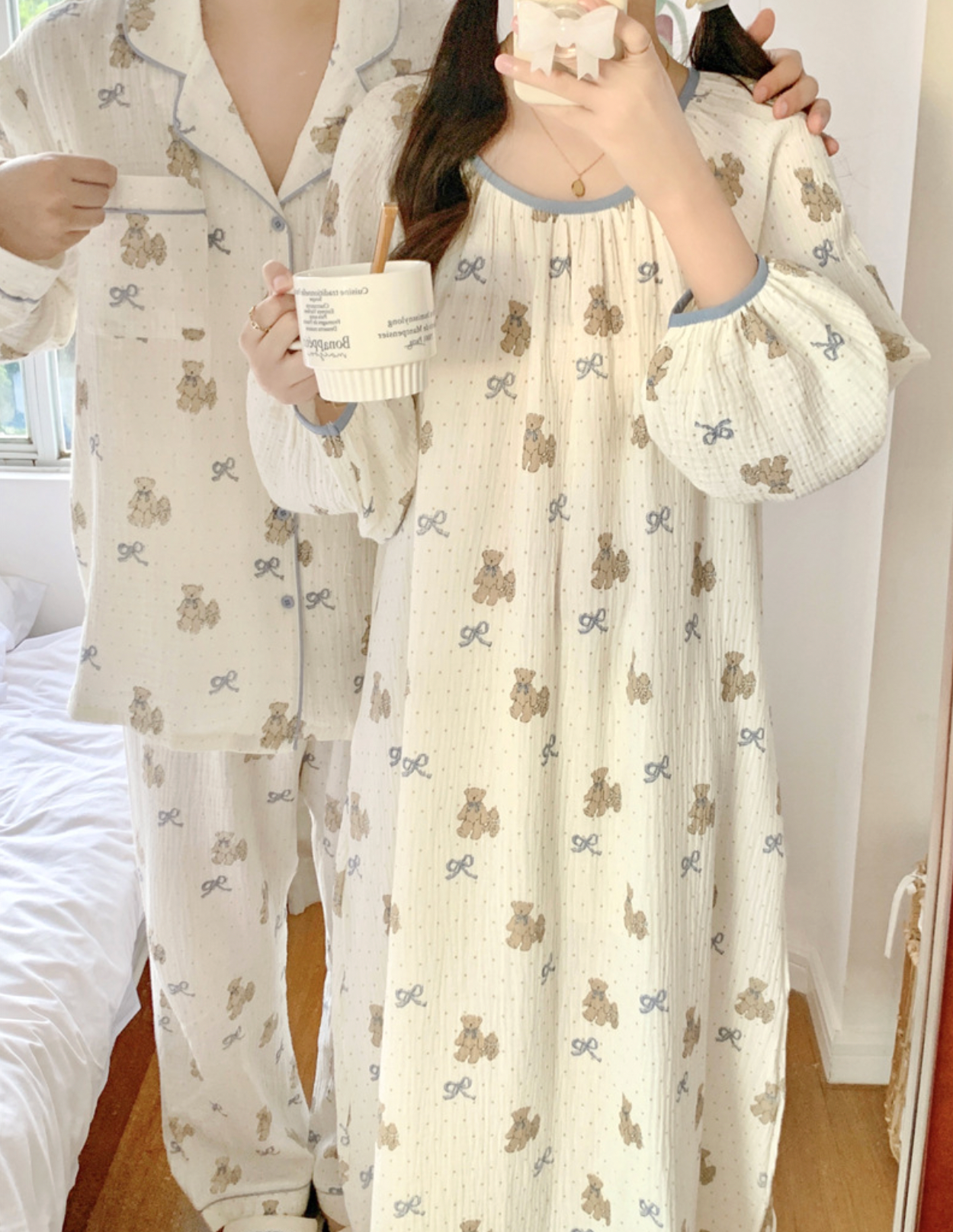 Bear Pattern Cotton Pajama Set & Nightgown