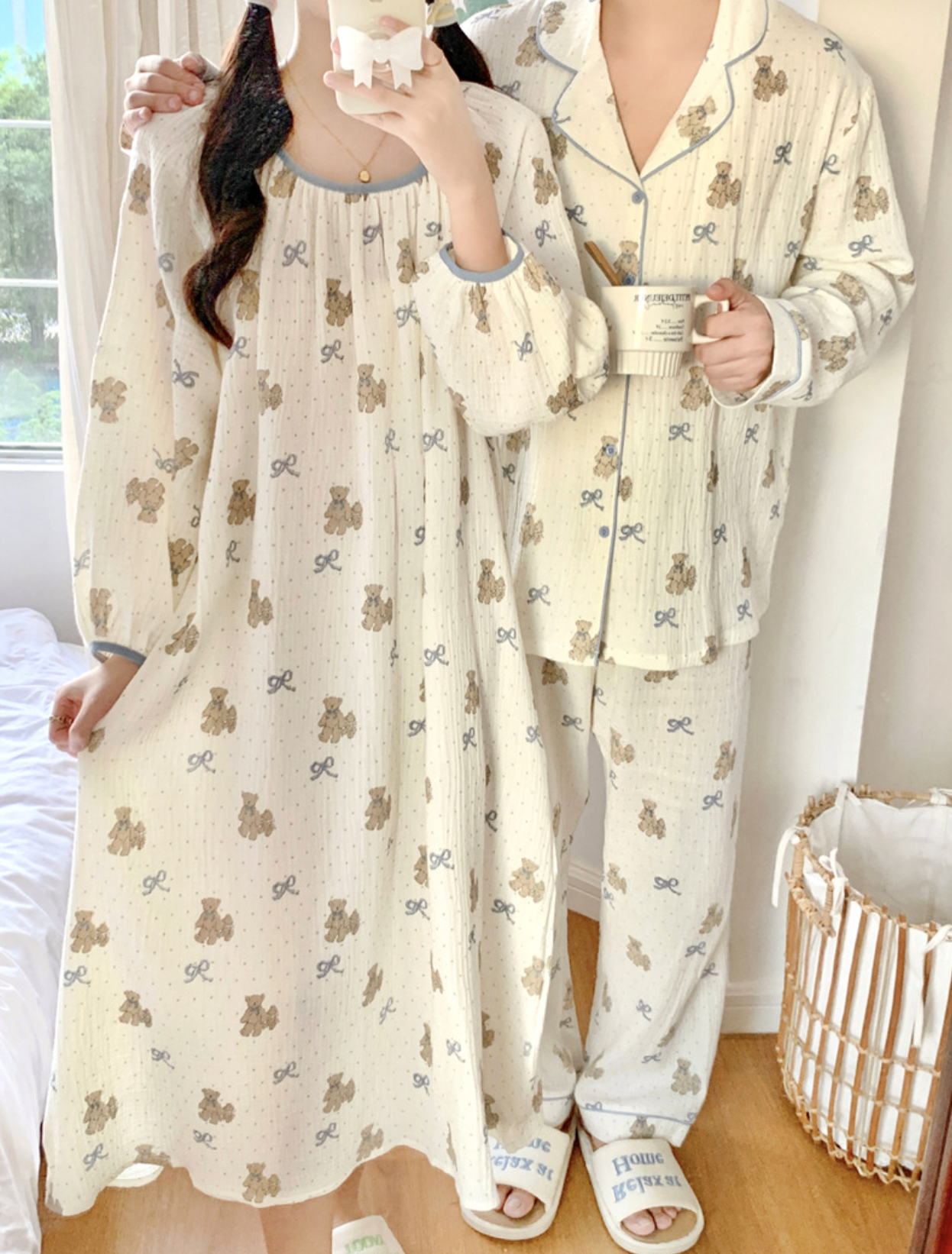 Bear Pattern Cotton Pajama Set & Nightgown
