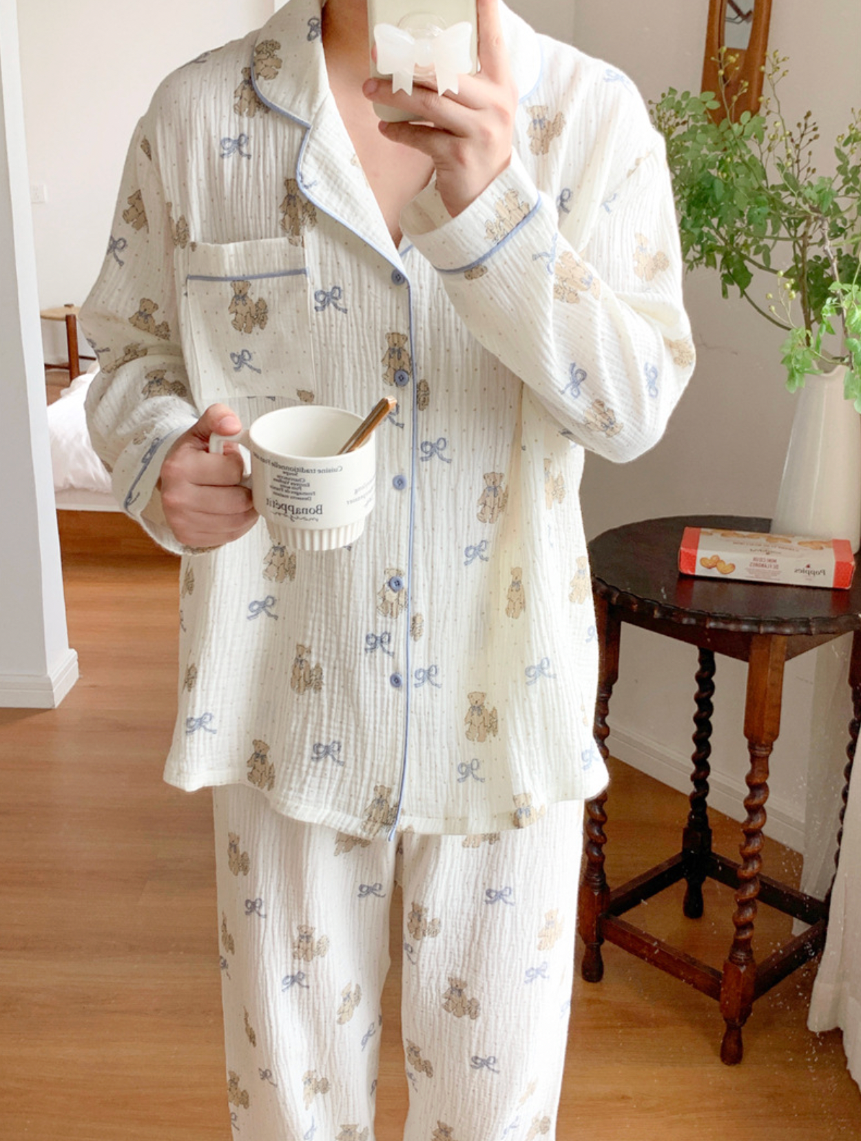 Bear Pattern Cotton Pajama Set & Nightgown