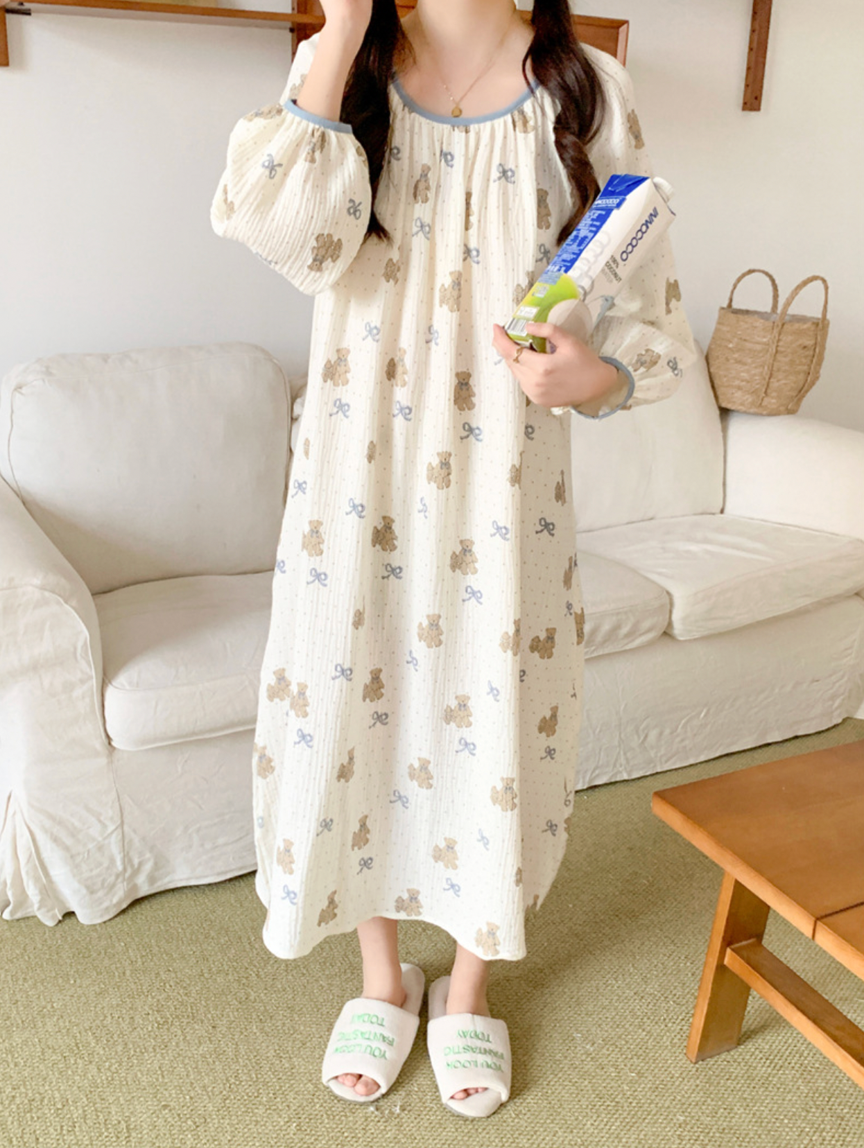 Bear Pattern Cotton Pajama Set & Nightgown