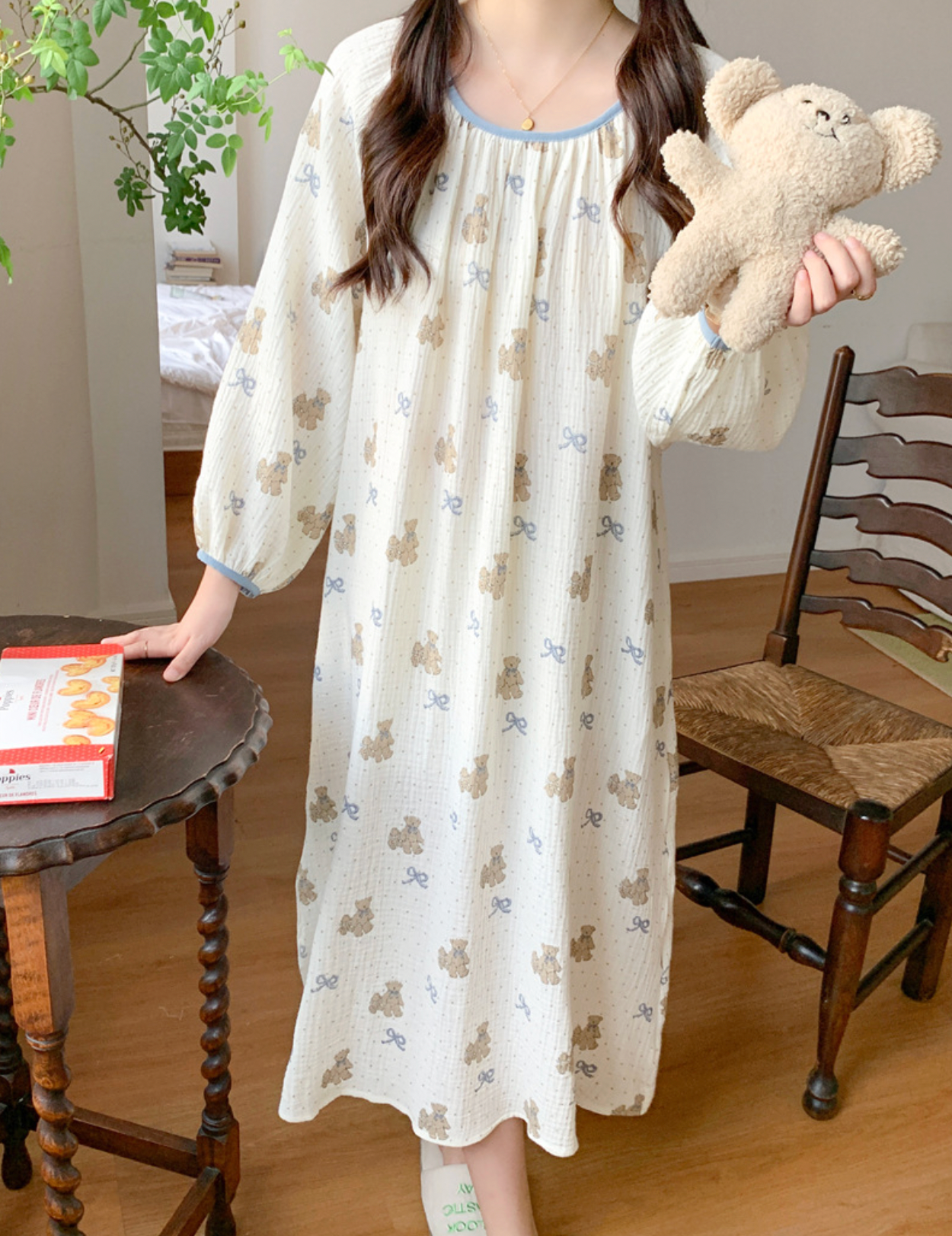 Bear Pattern Cotton Pajama Set & Nightgown