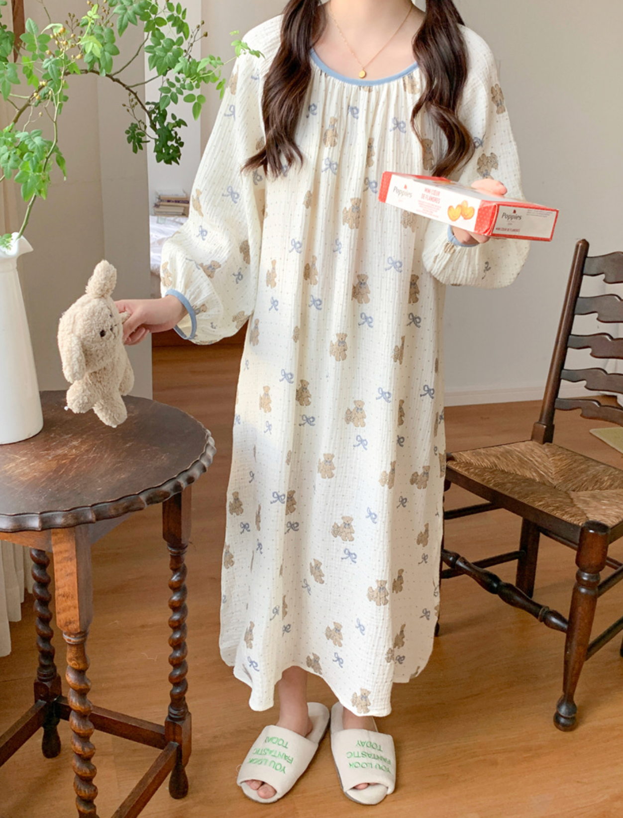 Bear Pattern Cotton Pajama Set & Nightgown