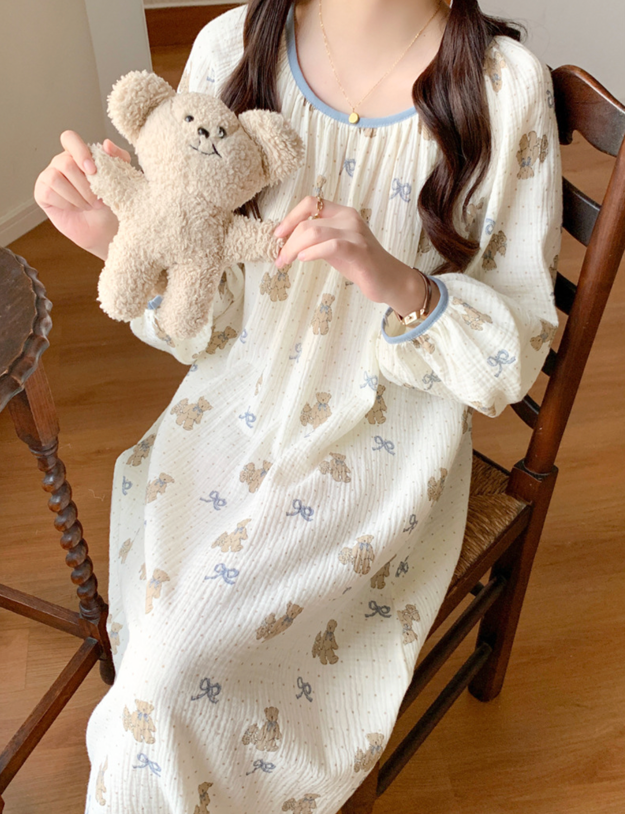Bear Pattern Cotton Pajama Set & Nightgown
