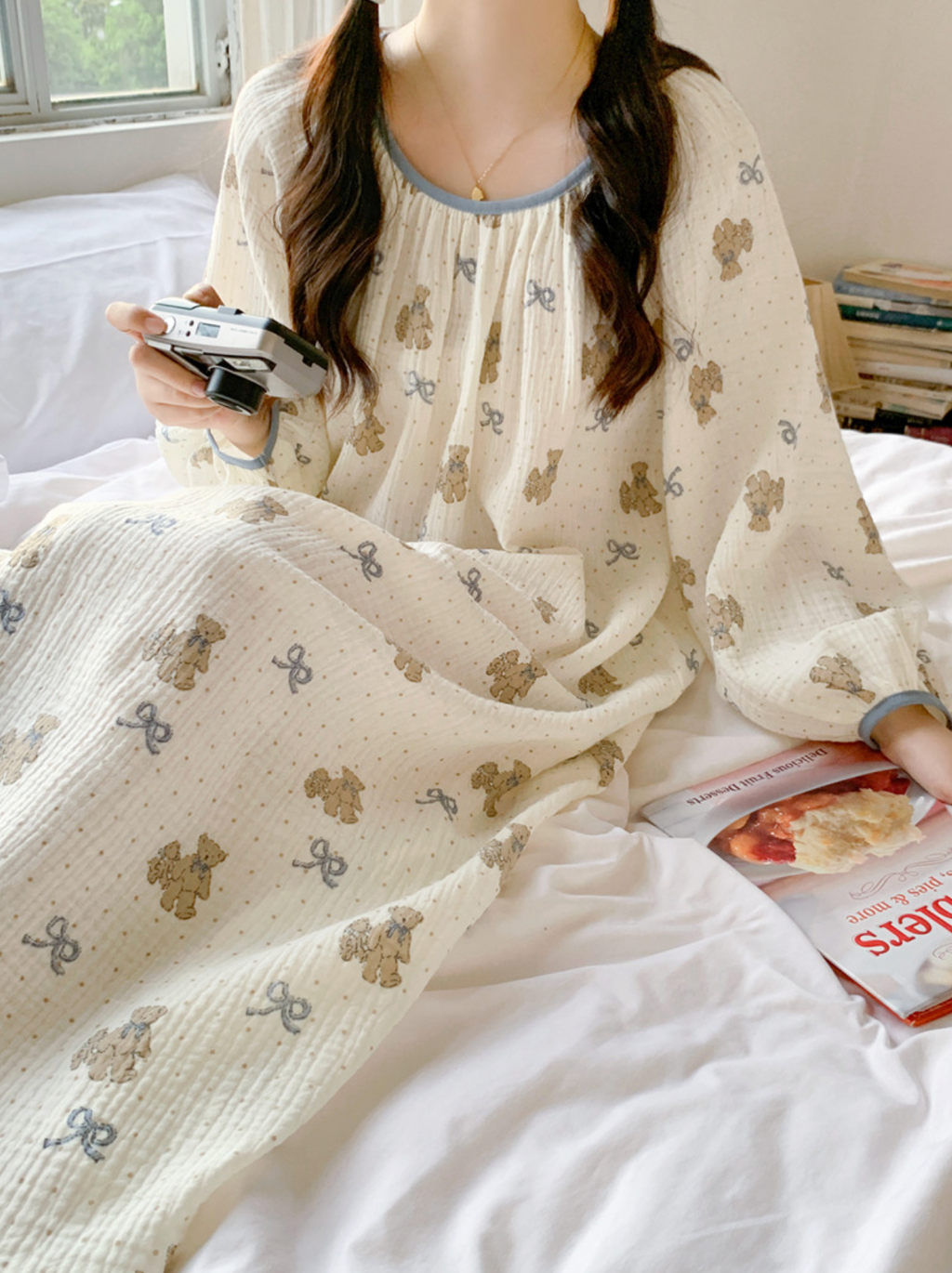 Bear Pattern Cotton Pajama Set & Nightgown