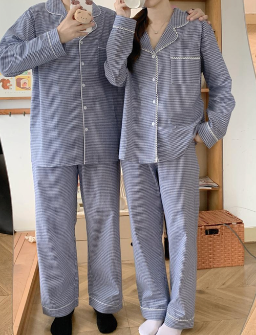 Blue Gingham Couple Pajama Set