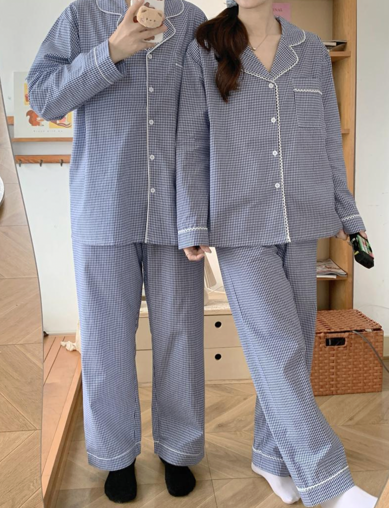 Blue Gingham Couple Pajama Set