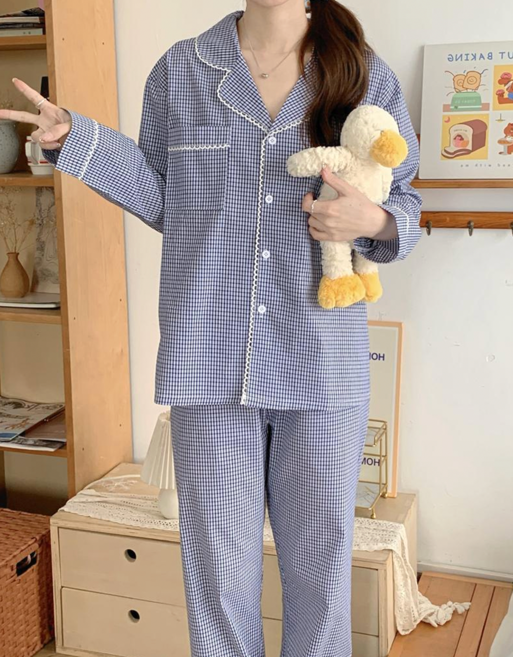 Blue Gingham Couple Pajama Set