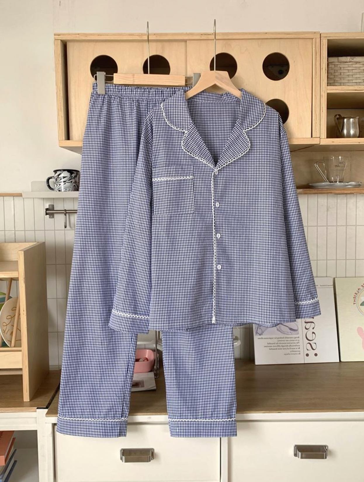Blue Gingham Couple Pajama Set