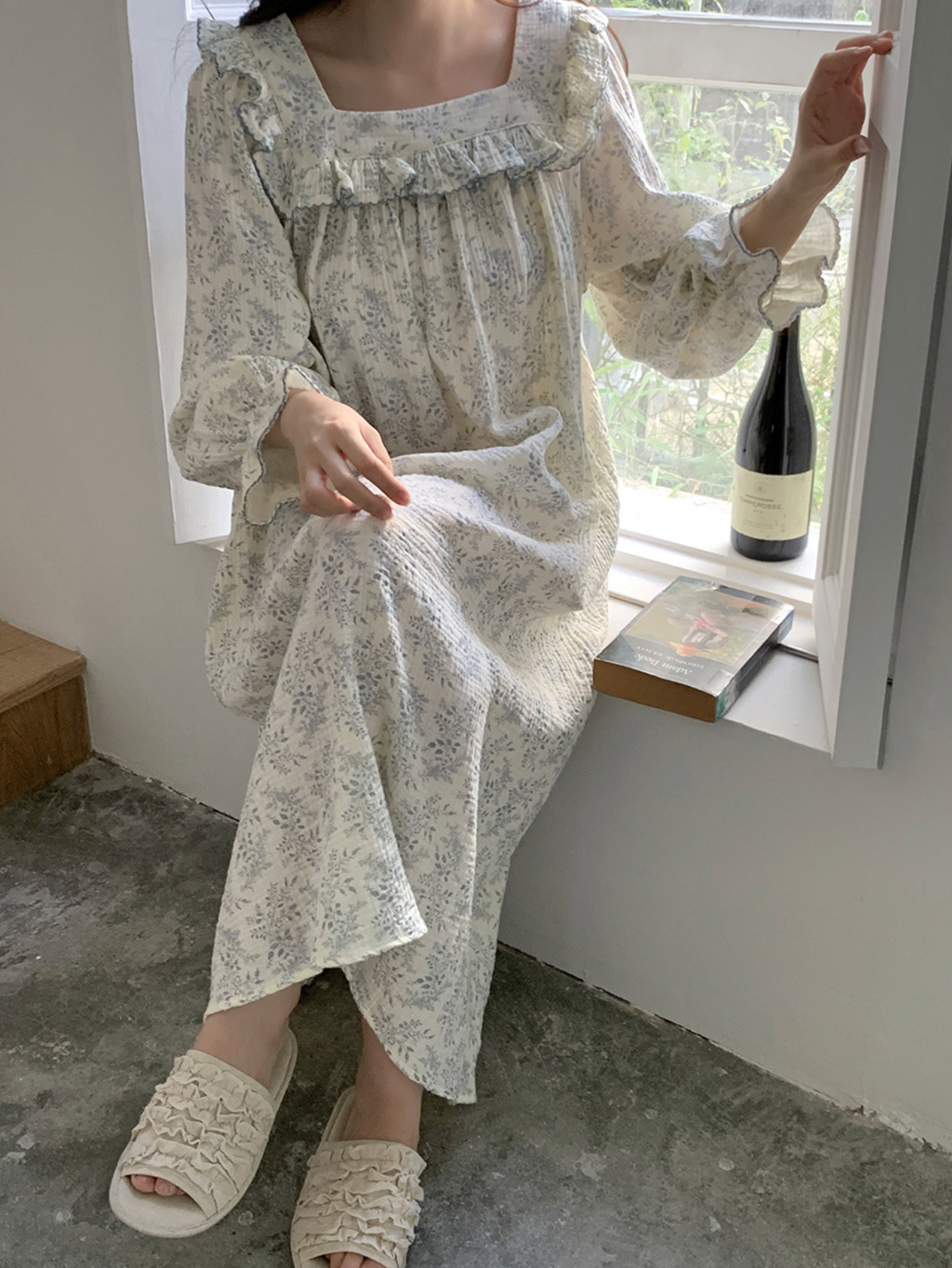Floral Square Neck Ruffle Nightgown