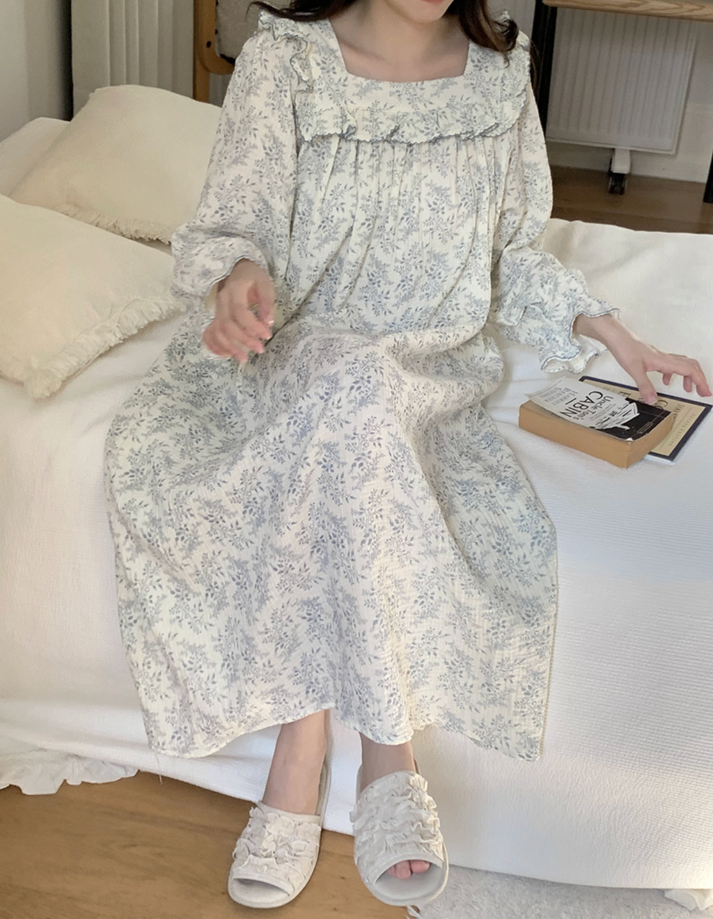 Floral Square Neck Ruffle Nightgown