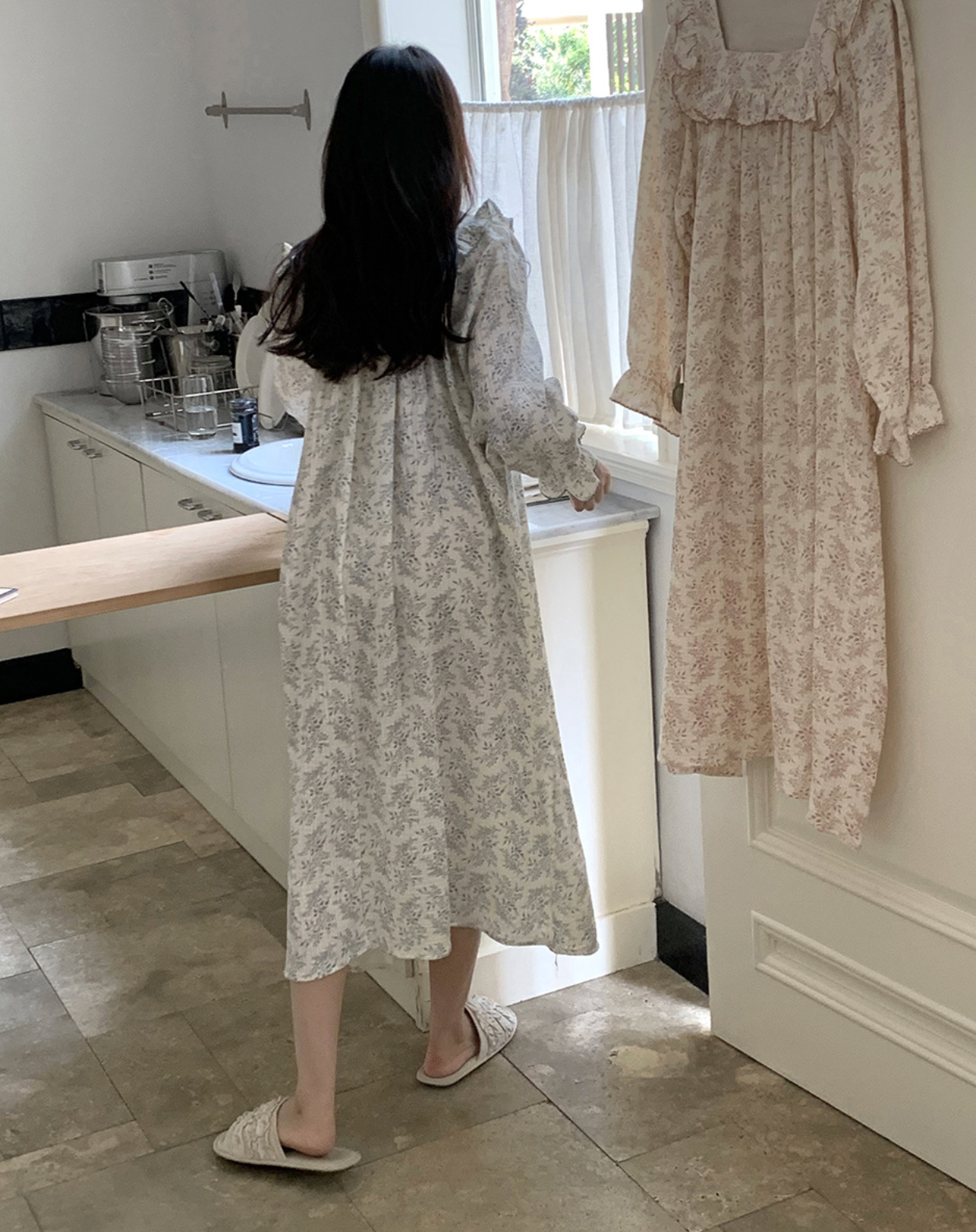 Floral Square Neck Ruffle Nightgown