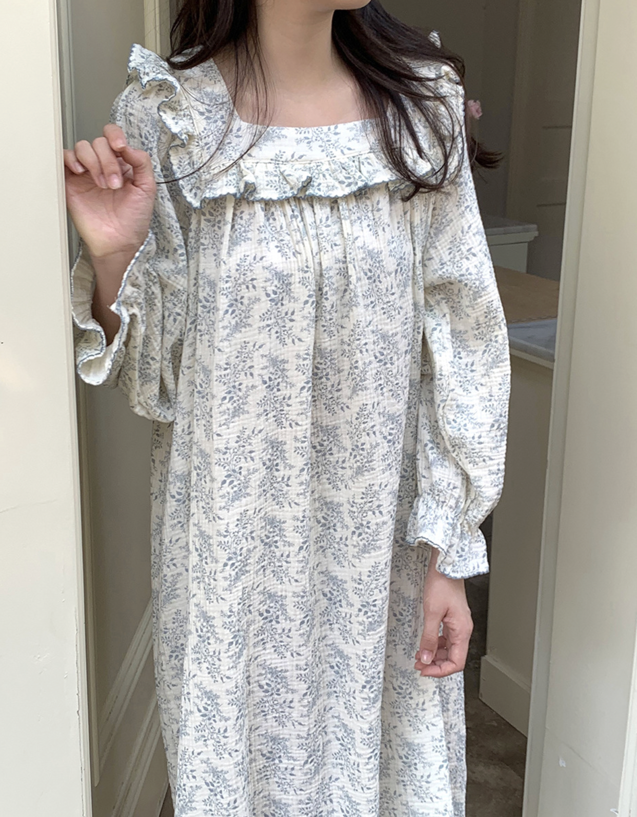Floral Square Neck Ruffle Nightgown